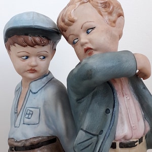 Vintage large Romanian fine porcelain boys playing, home decor, 1970s, ceramic, Romania