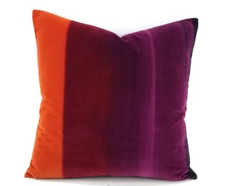 Harlequin Amazilia Velvets in Papaya, Raspberry, and Loganberry Pillow Cover - 20" x 20" Ombre Velvet Orange, Burgundy, and Violet Cushion