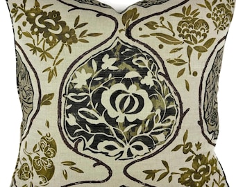 May include: A square throw pillow with a beige background and a black, brown, and green floral pattern. The pattern features stylized leaves and flowers.