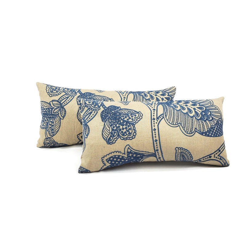 10 x 21 Manuel Canovas Madiran in the color Ciel Backed with Tan Linen Lumbar Pillow Cover