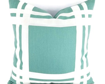 Kravet Tangible in the color Aqua Embellsihed with White Ribbon Pillow Cover