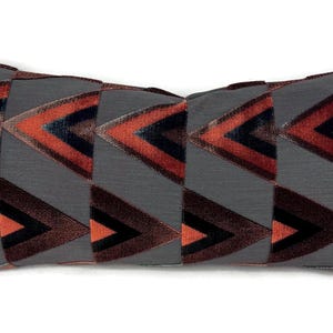 Pollack Icon in Red Pheasant Lumbar Pillow Cover - 8" x 18" Charcoal and Red Triangle Pattern Velvet Cushion Case