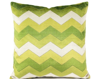 Longwood in Wheatgrass Cut Velvet Pillow Cover - 20" x 20" Lime Chartreuse and White Velvet Chevron Cushion Case