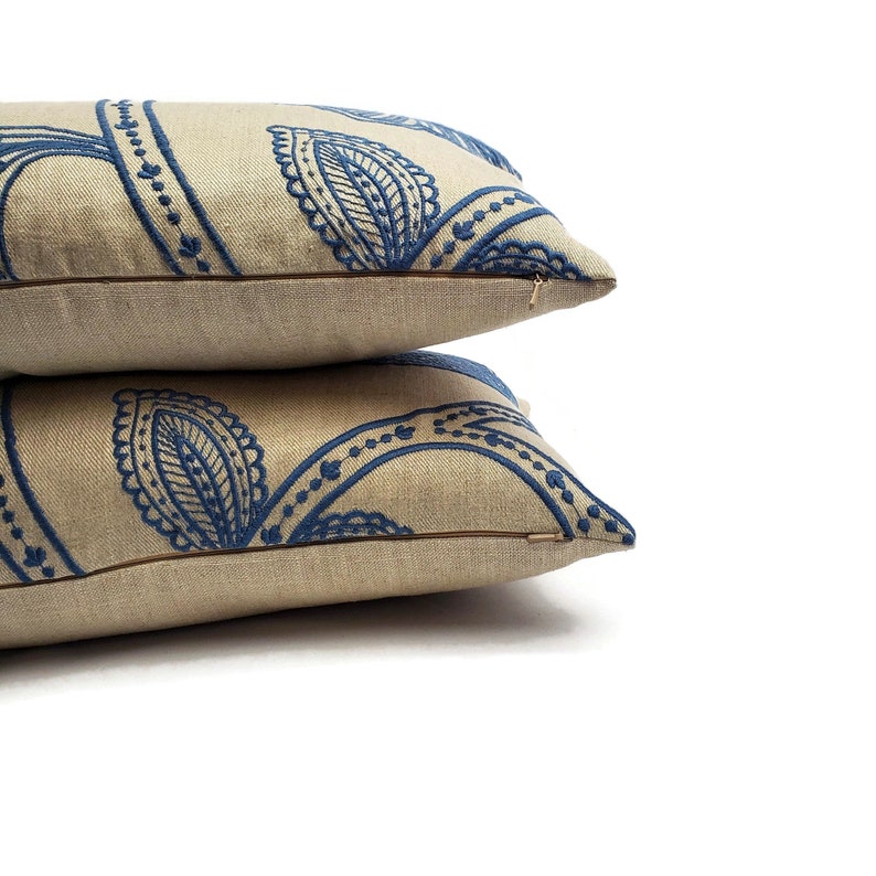 10 x 21 Manuel Canovas Madiran in the color Ciel Backed with Tan Linen Lumbar Pillow Cover