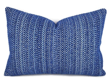 Thibaut Catalina in Navy Lumbar Pillow Cover - 14" x 20" Sunbrella Blue Woven Chenille Rectangle Cushion Case