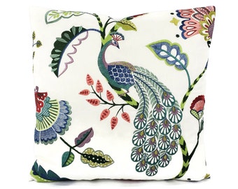 Jane Churchill Jaipur Peacock in Multi Pillow Cover - 20" x 20" Peacock Floral Embroidered Cushion Case