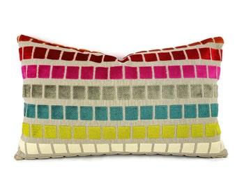 Kravet Design Rainbow Multi Color Velvet Squares Lumbar Pillow Cover - 12" x 20" 30179-512 Kravet Velvet Cushion Case