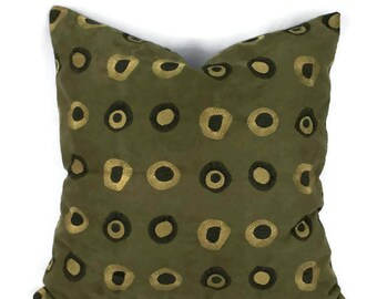 Moss Brown Faux Suede with Embroidered Gold and Dark Brown Circle Pillow Cover