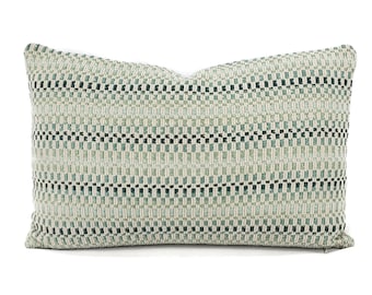 Manuel Canovas Daksha in Nattier Lumbar Pillow Cover - 13" x 20" Gray Chenille with Blue Lagoon Check Rectangle Cushion Case