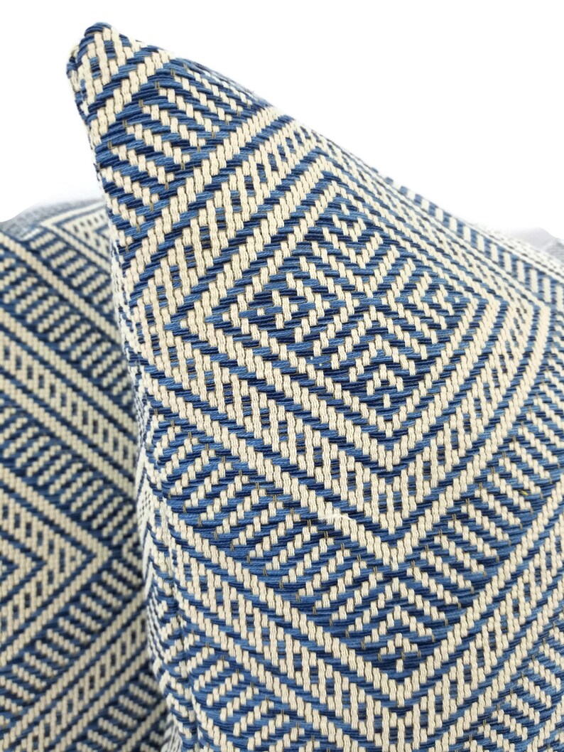 20 x 20 F Outdoor Basket-woven Blue and White Diamond Pattern Cushion Cover Schumacher Tortola in the color Marine Pillow Cover