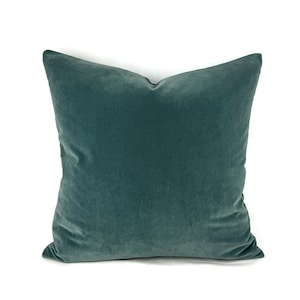May include: A teal blue velvet pillow with a square shape.