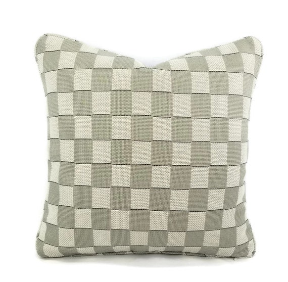 Pierre Frey Kanumera in the color Argile with Self-Welt Pillow Cover - Gray and White Jacquard Checkerboard Cushion Cover