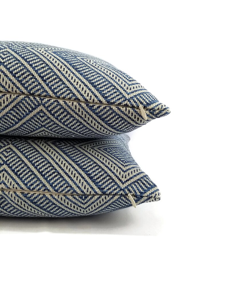 20 x 20 F Outdoor Basket-woven Blue and White Diamond Pattern Cushion Cover Schumacher Tortola in the color Marine Pillow Cover