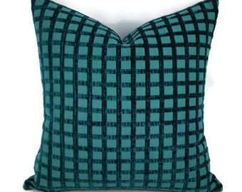 Blue/Teal Chenille Square Pattern Pillow Cover