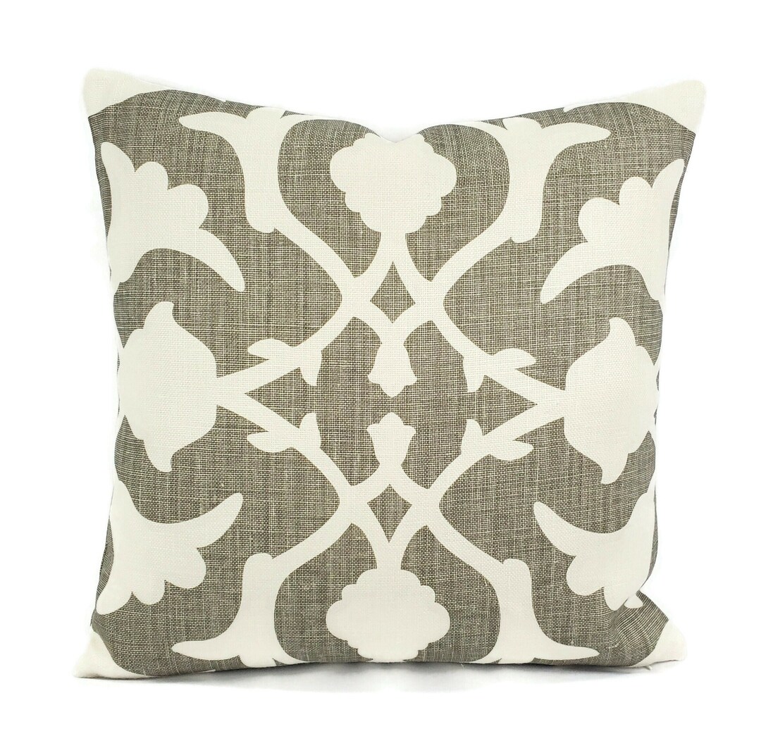 Barbara Barry Linen Pillow Cover: Gray White Floral Cushion