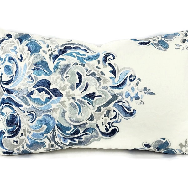 Lee Jofa Holi Emb in Blues Pillow Cover - 15" x 24" White with Blue Embroidered Damask Scroll Cushion Case
