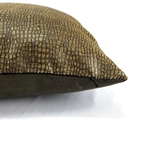 May include: Close-up of a decorative pillow with a textured, gold and brown pattern on the top surface. The bottom of the pillow is a solid dark green color. A black zipper is visible on the side.