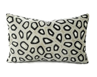 Kravet Couture Chic Tortoise in Anthracite Lumbar Pillow Cover - Silver White and Dark Gray Velvet Abstract Agate Pattern Cushion Case