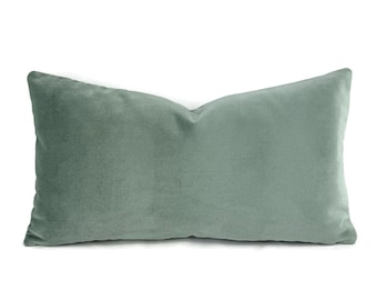 Smokey Blue Lagoon Velvet Lumbar Pillow Cover - 11" x 20" Dusty Seafoam Solid Velvet Rectangle Cushion Case