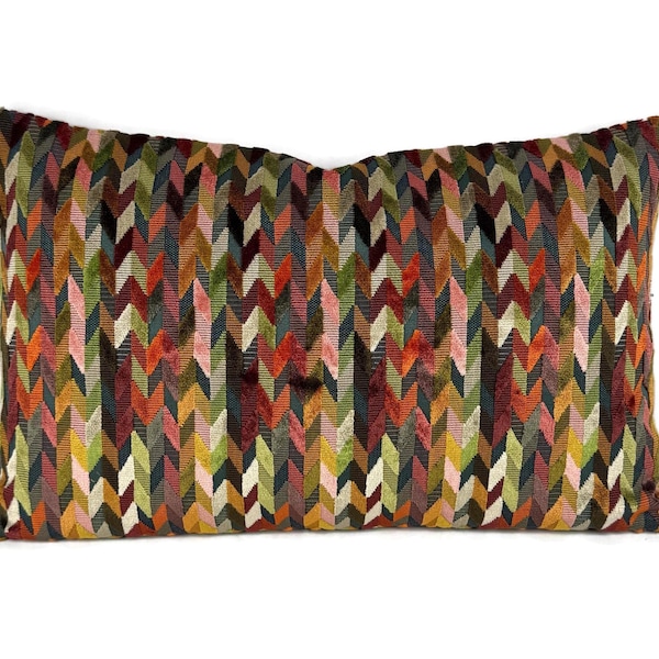 Osborne and Little Felicia in Brick, Olive, and Ginger Lumbar Pillow Cover - 14" x 20"  Chevron Velvet Cushion Case
