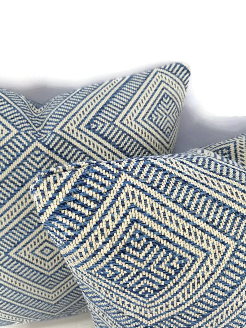 20 x 20 F Outdoor Basket-woven Blue and White Diamond Pattern Cushion Cover Schumacher Tortola in the color Marine Pillow Cover