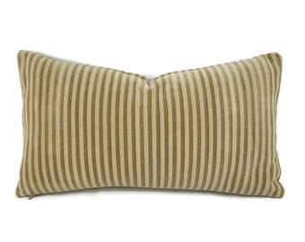 Manuel Canovas Vauville in Beige Lumbar Pillow Cover - 11" x 20" Tan Two Tone Stripe Velvet Rectangle Cushion Case