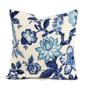 Schumacher Huntington Gardens in Bleu Marine Pillow Cover - 20&quot; x 20&quot; Blue and Cream Floral Cushion Case - Fabric on BOTH SIDES