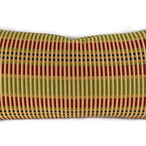 May include: A rectangular throw pillow featuring a woven fabric pattern with vertical stripes in shades of red, olive green, tan, and dark navy blue. The textile has a textured appearance with a consistent repeating geometric stripe design.