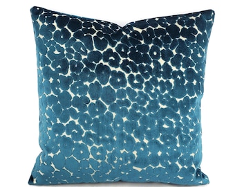 Teal Blue Leopard Velvet Pillow Cover: Aegean Blue Cushion Case