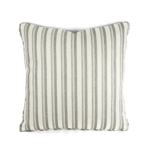 Schumacher Capri in Greige and White with Self-Welt Pillow Cover - 20&quot; x 20&quot; Gray and White Stripe with Self Piping Cushion Case