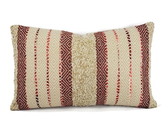 Woven Stripe Lumbar Pillow Cover: Rust Red Tan Jacquard (12" x 20")