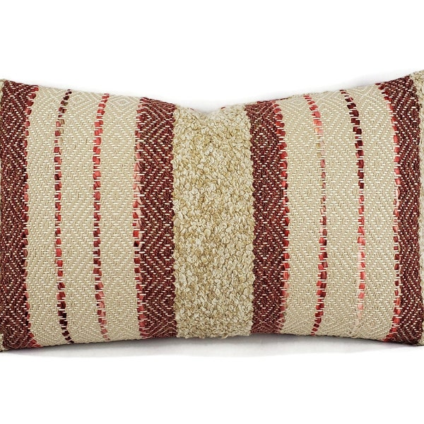 PK Lifestyles Woven Path in Cinnabar Lumbar Pillow Cover - 12" x 20" Rust Red and Tan Woven Stripe Rectangle Cushion Case