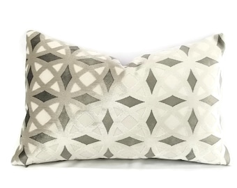 Silver and Gray Geometric Pattern Cut Velvet Lumbar Pillow Cover - Circle and Diamond Kitson 12&quot; x 20&quot; Accent Pillow