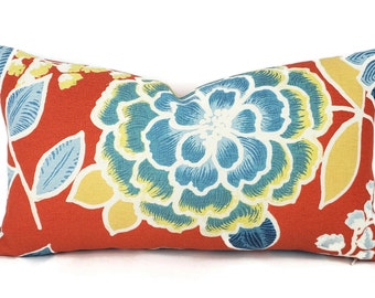 Thibaut Sulu in Coral Lumbar Pillow Cover - 11" x 20" Red Orange with Large Blue Flowers Cushion Case