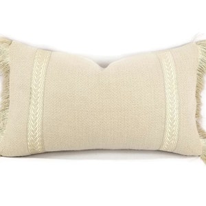 11.5&quot; x 20&quot; Lee Jofa Jopu in the color Sand Embellished with Gold Ribbon and Gold Fringe Lumbar Pillow Cover