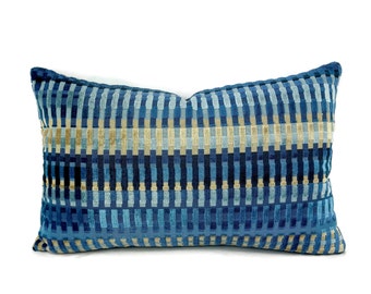 Lee Jofa Picket in Night Sky Lumbar Pillow Cover - Select your size - Blue Stripe Velvet Rectangle Cushion Case