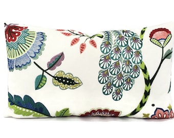 Jane Churchill Jaipur Peacock in Multi Lumbar Pillow Cover - 12" x 21" Peacock Floral Embroidered Cushion Case