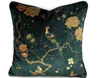 GP & J Baker Oriental Bird Velvet in Teal Pillow Cover - 20" x 20" Dark Blue Floral with Bird Velvet Cushion Case