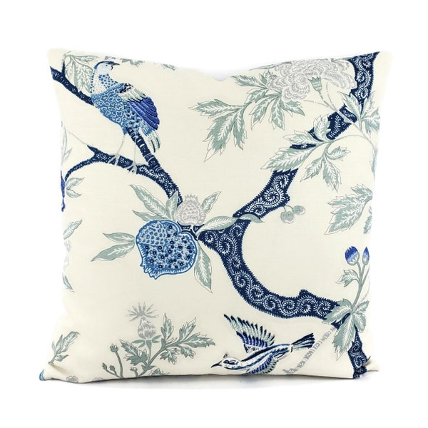 Schumacher Arbre Chinois in Porcelain Pillow Cover - 20" x 20" Blue and White Bird Floral Cushion Cases