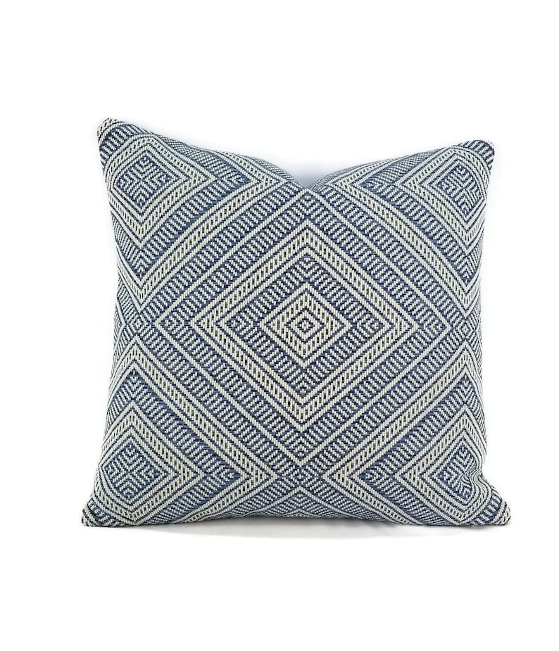 20 x 20 F Outdoor Basket-woven Blue and White Diamond Pattern Cushion Cover Schumacher Tortola in the color Marine Pillow Cover