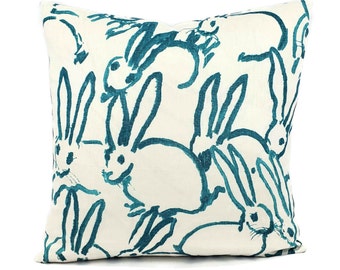Hunt Slonem for Groundworks Hutch in Turquoise Pillow Cover - Painted Bunny Blue White Linen Cushion Case