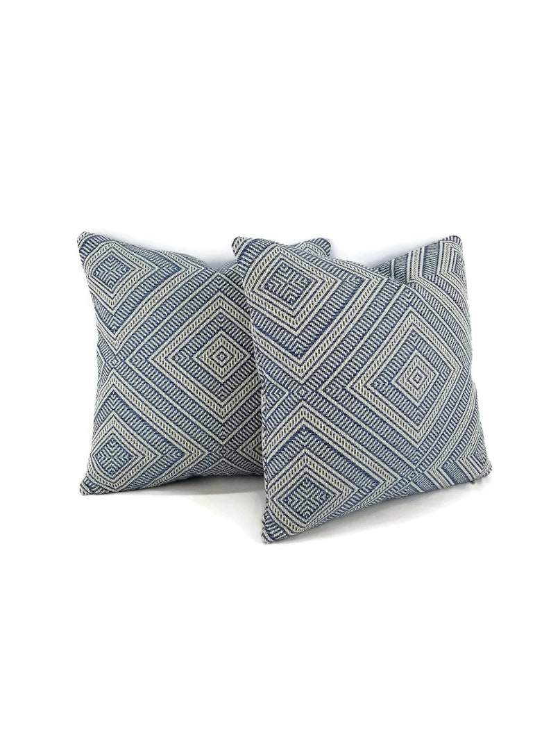 20 x 20 F Outdoor Basket-woven Blue and White Diamond Pattern Cushion Cover Schumacher Tortola in the color Marine Pillow Cover