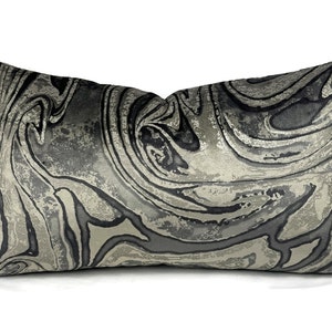 Holly Hunt MARBLED in Onyx Pillow Cover - 12&quot; x 20&quot; Black, Dark Gray, and Silver Velvet Marble Swirl Cushion Cover