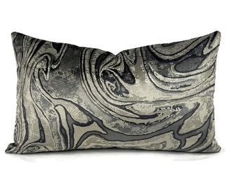 Holly Hunt Marbled in Onyx Pillow Cover - 12" x 20" Black, Dark Gray, and Silver Velvet Marble Swirl Cushion Cover