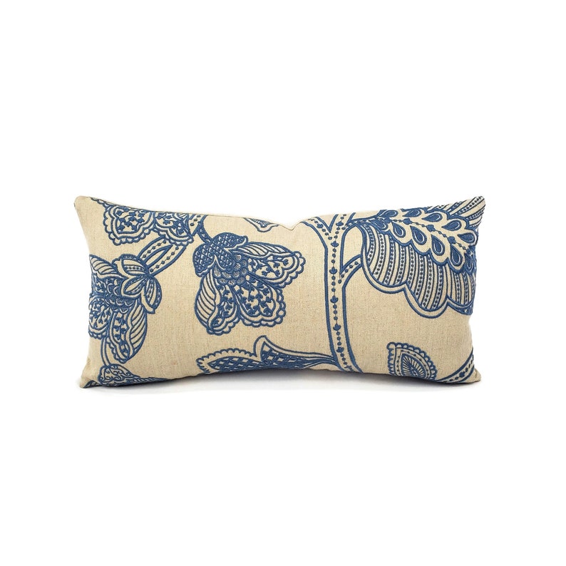 10 x 21 Manuel Canovas Madiran in the color Ciel Backed with Tan Linen Lumbar Pillow Cover