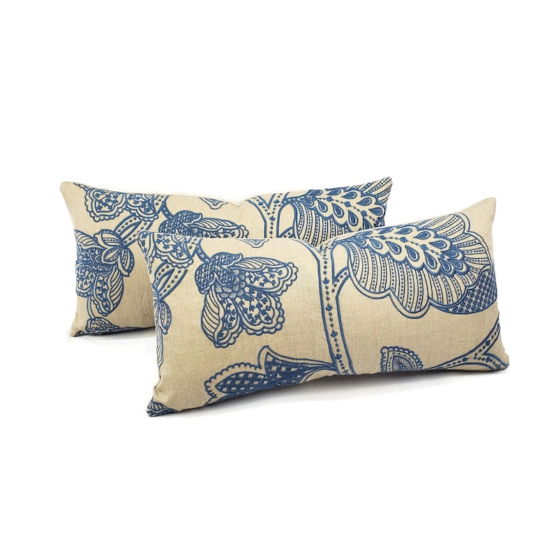 10 x 21 Manuel Canovas Madiran in the color Ciel Backed with Tan Linen Lumbar Pillow Cover