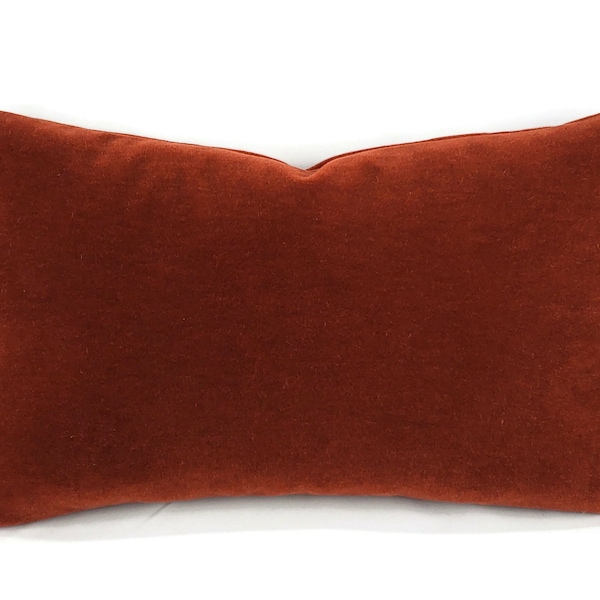 F. Schumacher San Carlo Mohair Velvet in Sienna Lumbar Pillow Cover - 12" x 20" Dark Rust Mohair Velvet Rectangle Cushion Case