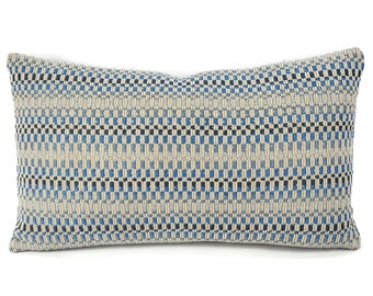 Manuel Canovas Daksha in Ciel Lumbar Pillow Cover - 12" x 20" Gray Chenille with Blue and Light Blue Check Cushion Case