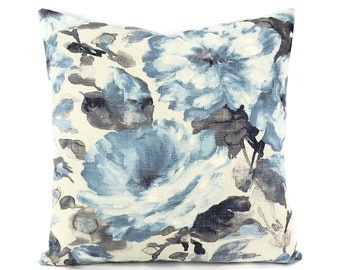 Large Blue Floral Print Pillow Cover - 20" x 20" Blue and White Flower Cotton and Linen Print Cushion Case