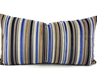 13.5" x 25.5" Osborne and Little Corniche in Ultramarine Lumbar Pillow Cover - Blue and Gray Velvet Stripe Cushion Case